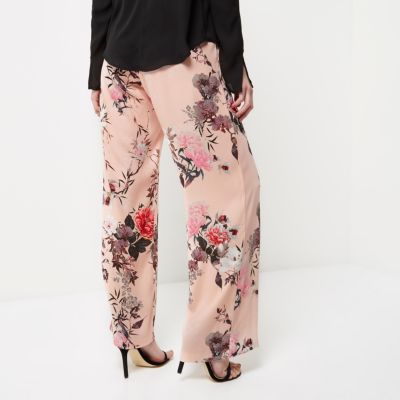 Pink floral print wide leg trousers